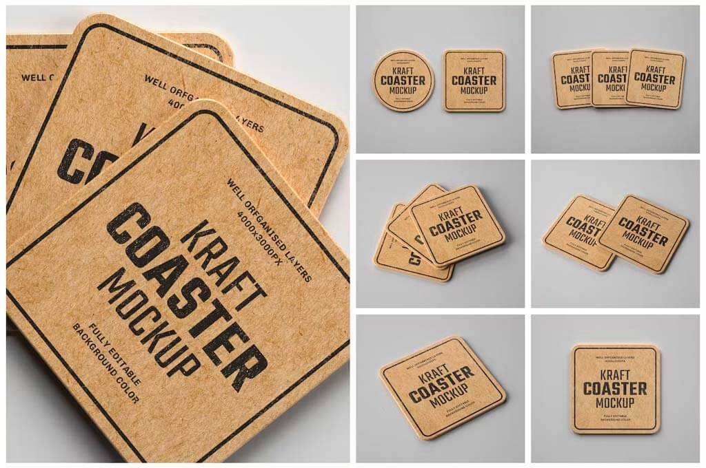 Kraft Beverage Coaster Mockup Set