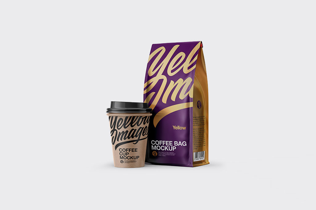 Matte Bag with Kraft Coffee Cup Mockup